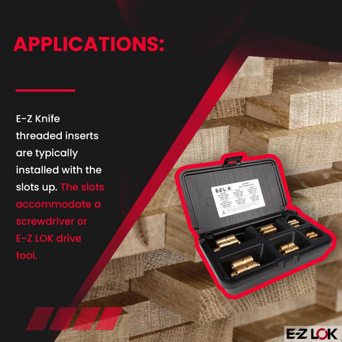 Open kit of Knife Threaded Inserts For Hardwood with Drill And Drive Tool, showing brass inserts and application in wood.