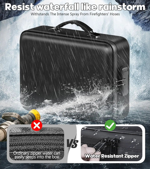 UL94 VTM-0 Certified Fireproof Document Box With Lock withstanding heavy rain, showcasing water-resistant zipper in stormy setting.