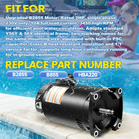Heavy-Duty 2HP Pool Pump Motor, 230V Single Speed, 56Y Square Flange close-up with water splashing for in-ground pools.