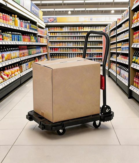Heavy Duty Foldable Platform Cart Push Dolly Built Tough For Moving Heavy Loads Portable Black Push Cart With Smooth Roll Wheels Ideal For Home Garage Warehouse And Job Sites loaded with box in store aisle