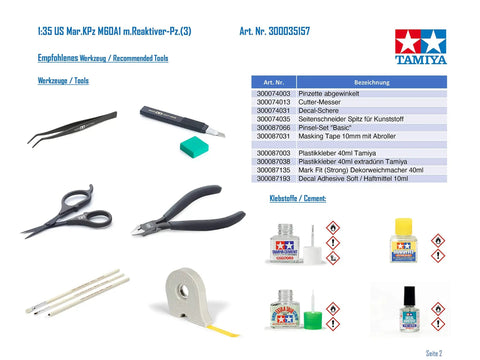 Tools and glue for 1:35 scale US Marine M60A1 tank model kit, including tweezers, cutters, and Tamiya cement.