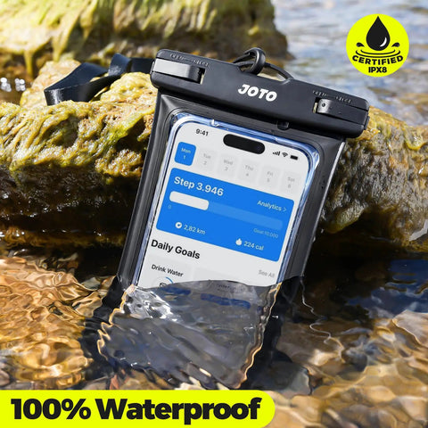 Universal Waterproof Phone Case Dry Bag Two Pack IPX8 holding phone underwater with screen visible, next to rocks