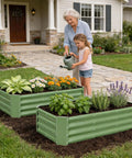 Grandmother and child gardening with Galvanized Raised Garden Bed Kit 4x2x1ft For Veggies And Herbs, Rust Resistant and Easy Assembly.