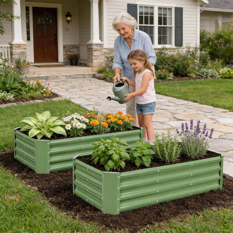 Grandmother and child gardening with Galvanized Raised Garden Bed Kit 4x2x1ft For Veggies And Herbs, Rust Resistant and Easy Assembly.