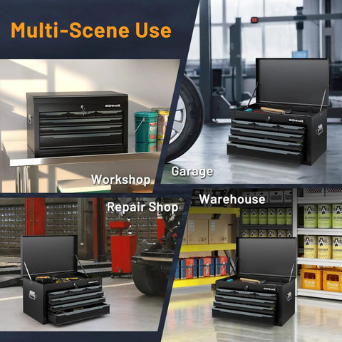 Heavy Hitter 24 Inch 6 Drawer Steel Tool Chest With Smooth Operator Ball Bearings And Spacious Top Tray Rugged Grip Handle Auto Lock Scratch Shield Panels For Garage Grind Ready