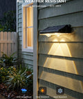 Slick Solar Fence Lights 8 Pack Weatherproof Outdoor Lamp mounted on wall in rain, showcasing dual LED glow and IP65 rating.