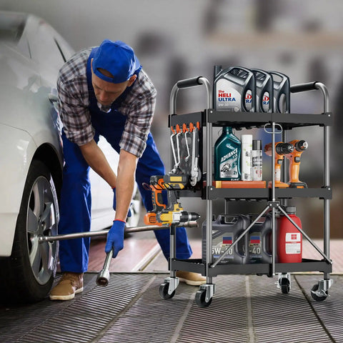 Foldable 3 Tier Rolling Tool Cart On Wheels With 330 Lb Capacity, Heavy Duty Tool Chest Organizer, Shelf And Cabinet For Garage, Shop, Warehouse, Portable Black in auto shop