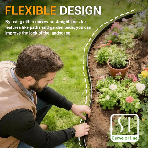 Person installing Durable 60 Foot Landscape Edging Kit With 60 Stakes 2 Inch Tall Border For Lawn And Flower Beds Quick No Dig