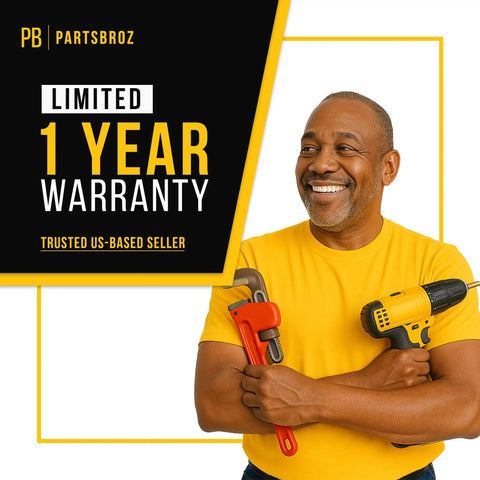 Smiling man holding tools beside 'Limited 1 Year Warranty' text, PartsBroz branding