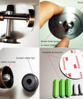 Zero Hassle Wall Mount Door Stopper installation components including stainless steel frame, rubber tips, adhesive, and screws.