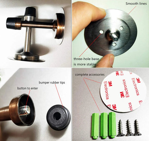 Zero Hassle Wall Mount Door Stopper installation components including stainless steel frame, rubber tips, adhesive, and screws.