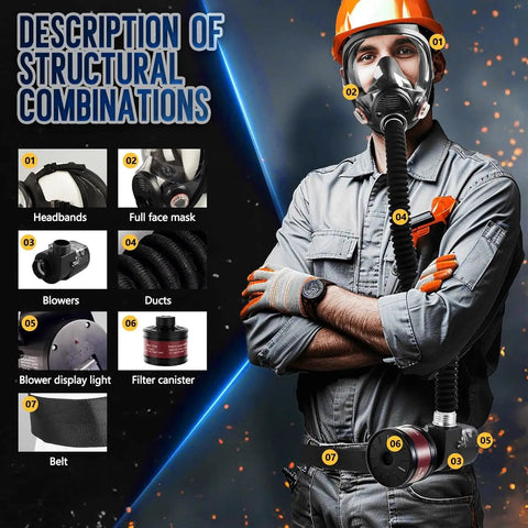No Sweat Portable PAPR Respirator Setup With Long Haul Battery And Comfort Waist Strap For Rough Tasks Like Epoxy Mixing Auto Body Prep And Fume Heavy Grinding, showing components like full face mask and blower.
