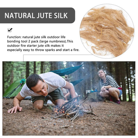 Two Pack Jute Silk Fire Starter Cord For Camping And Outdoor Survival, Easy Ignition Rope that carbonizes itself, with campers in forest