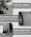 Close-up of Badass Leather Car Headrest Hooks Two Pack, gray leather with metal deep hook for bags and groceries.
