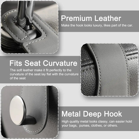 Close-up of Badass Leather Car Headrest Hooks Two Pack, gray leather with metal deep hook for bags and groceries.