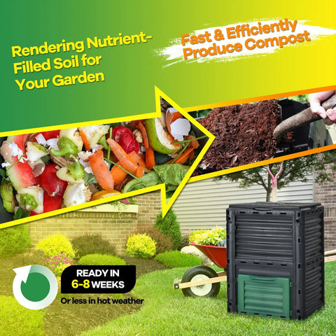 80 Gallon Outdoor Compost Bin With Top Flip Lid And Bottom Exit Door BPA Free Material Large Backyard Composter Barrel shown in a garden