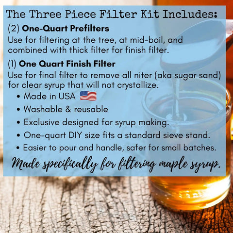 Text detailing features of the Maple Syrup Filter Set For Home Sugaring, 1 Qt Three Piece Kit with images of filters and syrup.
