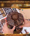 3D Wooden Puzzle Night Light With RGB Ambient Glow Walnut Wood Sculptural Decor For Day And Night Easy 4 To 6 Hour Assembly, hands assembling top section
