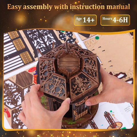 3D Wooden Puzzle Night Light With RGB Ambient Glow Walnut Wood Sculptural Decor For Day And Night Easy 4 To 6 Hour Assembly, hands assembling top section