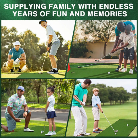 Families practicing on Indoor Outdoor 3x10ft Golf Putting Green Mat With Thick 10mm Non Slip Base And Side Borders Portable Three Hole Design Movable Cup For Home Backyard Or Office Practice Realistic Turf.