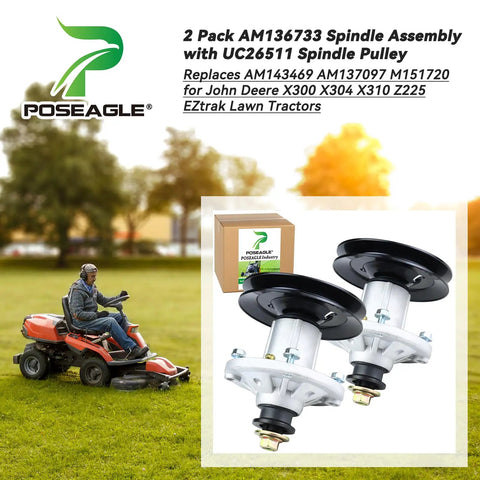 2 Pack Spindle Assembly With UC26511 Pulley Replacement For John Deere Z225 X300 X304 Lawn Tractors Kit in packaging