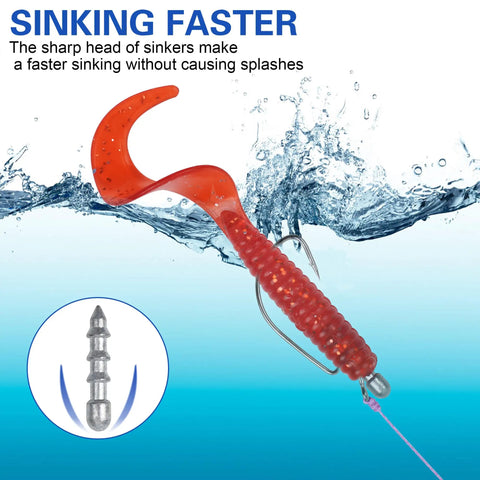 Pro Grade Nail Weights Kit For Bass Fishing 45 Piece Pencil Sinker Set in use with soft plastic lure and water splash effect.