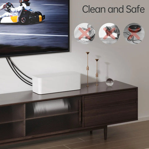 White Two Pack Cable Management Box For Home And Office, Pet Safe Cord Organizer on a dark wood TV stand with hidden wires