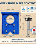 Heavy Duty 35mm Concealed Cabinet Door Hinge Drill Jig Kit With Forstner Guide Template showing blue jig dimensions and set contents.