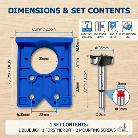 Heavy Duty 35mm Concealed Cabinet Door Hinge Drill Jig Kit With Forstner Guide Template showing blue jig dimensions and set contents.