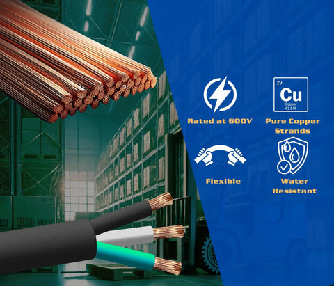 Super Tough 100 Foot AWG SOOW Cable Cord Three Conductor Portable Power Extension Cord for EV Chargers Motor Leads, showcasing 600V pure copper strands.