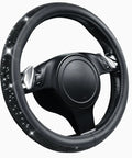 Fresh Bling Diamond Leather Steering Wheel Cover Loaded With Sparkly Crystal Rhinestones Universal Fit For Rides Trucks And SUVs, black grip.