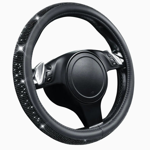 Fresh Bling Diamond Leather Steering Wheel Cover Loaded With Sparkly Crystal Rhinestones Universal Fit For Rides Trucks And SUVs, black grip.