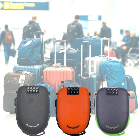 Ultra Secure 4-Digit Combination Lock With 3 Feet Retractable Cable For Bike, Ski, Snowboard, And Stroller displayed with luggage