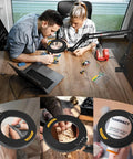 Couple using Ultra Long Swing Arm Desk Magnifier With Light 12X for detailed crafts, reading instructions, and assembly.