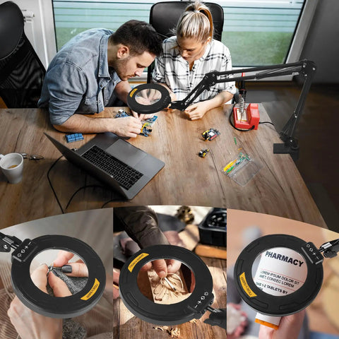 Couple using Ultra Long Swing Arm Desk Magnifier With Light 12X for detailed crafts, reading instructions, and assembly.