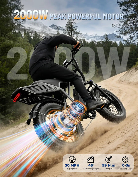 Rider climbing sandy hill on RetroVolt Electric Bike For Adults With 2000W Peak Power And 30 MPH Top Speed 48V 13Ah Battery