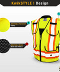 High Visibility Safety Vest With Cushioned Collar And Reflective Trim Class 2 ANSI OSHA 9 Pockets For Tools And Tablets Breathable Worksite Ready Heavy Duty Mesh For Construction And Survey Work Yellow Large, showing design and material details