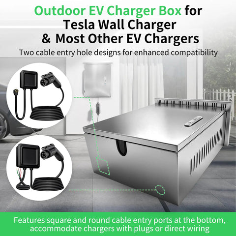 Tough As Nails Stainless Steel EV Charger Lock Box with Keyed Secure Cover; features cable entry ports for easy installation.