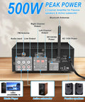 Back panel of Powerhouse 2 Channel 500W Bluetooth 5.0 Home Audio Amplifier showing inputs and outputs for speakers and subwoofer.