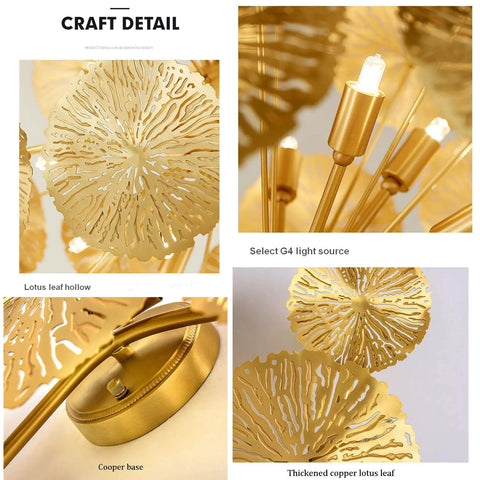 Craft details of Five Head Gold Lotus Leaf LED Indoor Wall Light Fixture, featuring copper lotus leaves and G4 light sources.