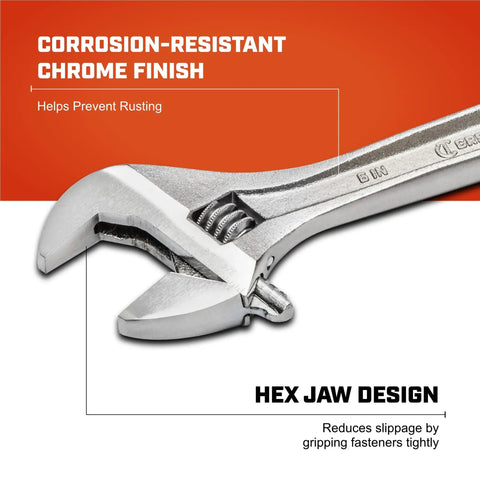 Close-up of Six Inch Adjustable Wrench with bagged packaging, hex jaw design for slip free gripping, durable metal construction, corrosion-resistant finish.