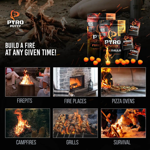 Fire Balls Fire Starter Pellets For Easy Fire Lighting, packaging and usage in firepits, fireplaces, pizza ovens, grills, survival
