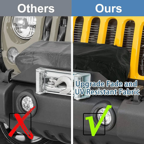 Comparison of Heavy Duty Winch Cover For 8500 To 17500 Lb Models waterproof and dustproof on vehicles, showcasing UV resistant fabric.