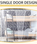 4 Corner Mosquito Net Bed Canopy With 1 Or 4 Openings For Camping, Travel Or Home Use, shown over bunk bed with white mesh drape