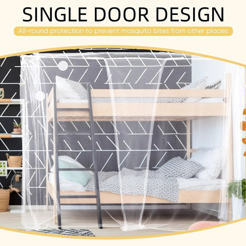 4 Corner Mosquito Net Bed Canopy With 1 Or 4 Openings For Camping, Travel Or Home Use, shown over bunk bed with white mesh drape