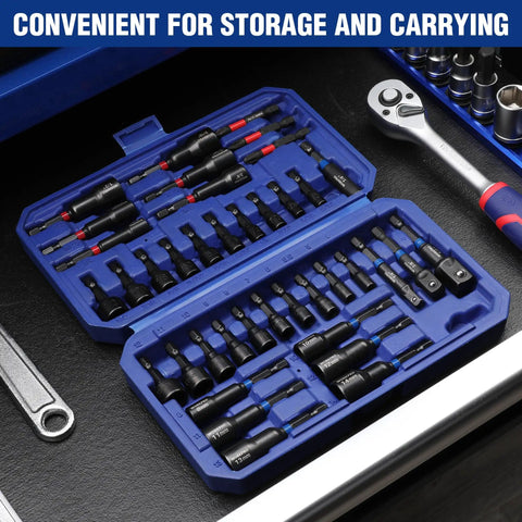 39-Piece Magnetic Nut Driver Set With Impact Socket Adapters, SAE And Metric Cr-V Steel Power Nut Drivers in open tool box