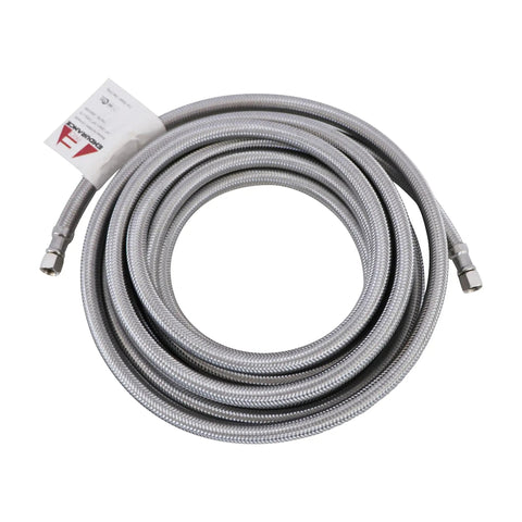 Fifteen Foot Universal Ice Maker Water Supply Hose, Flexible Braided Stainless Steel Line With 1/4 Inch Compression Fittings, Coiled