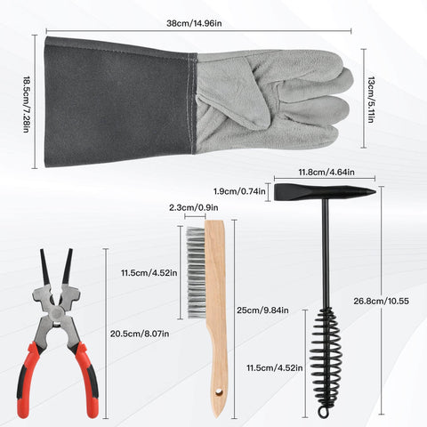 4-Piece Welding Slag Removal Tool Set With 10 Inch Chipping Hammer, Coil Spring Handle, Multi-Functional Pliers, Wire Brush And Welding Gloves