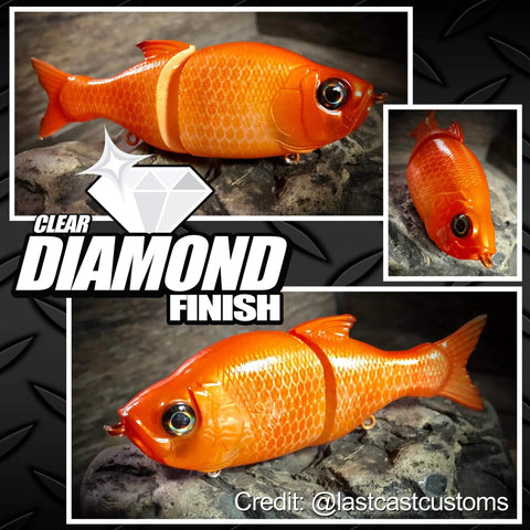 KBS Coatings DiamondFinish collage showing orange fishing lure from multiple angles on rocks