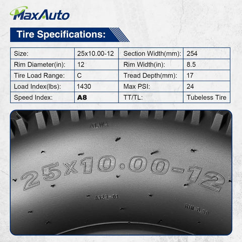 25x10-12 All Terrain ATV Tire Set Specifications, including size, load capacity, and tire type for optimal performance